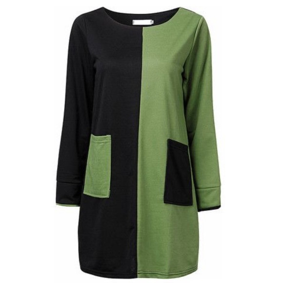 Color Block Round Neck Casual Dresses Straight green and black color - Picture 1 of 9
